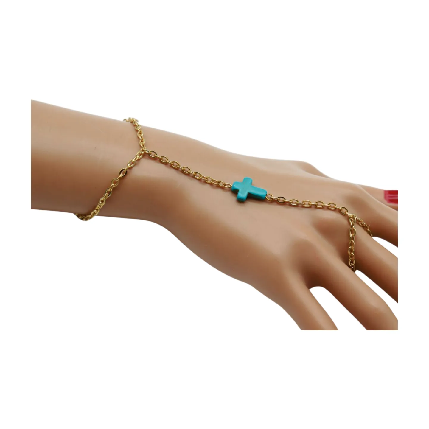 Gold Metal Hand Chain Bracelet Turquoise Blue Cross