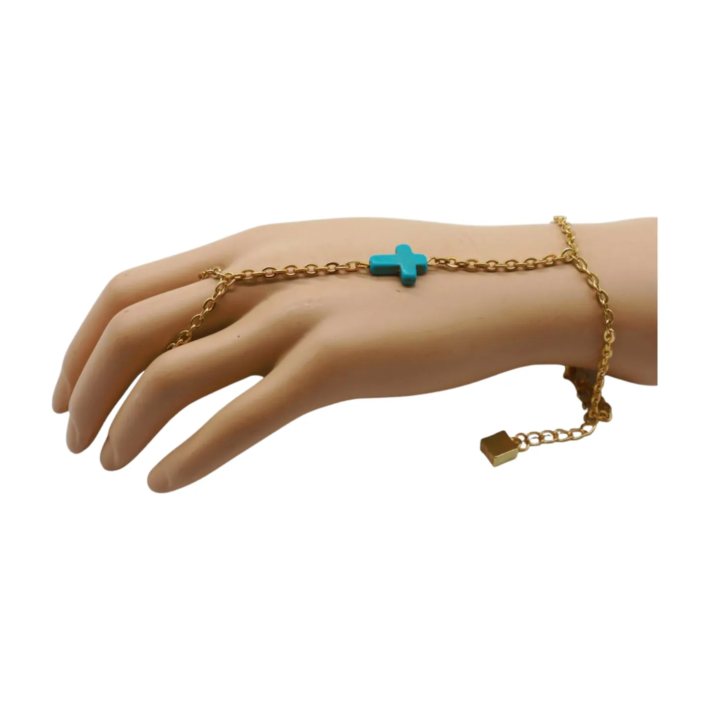 Gold Metal Hand Chain Bracelet Turquoise Blue Cross