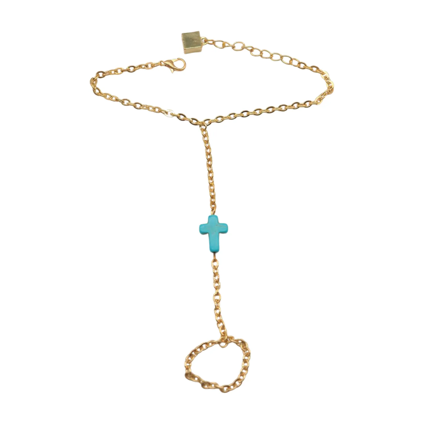 Gold Metal Hand Chain Bracelet Turquoise Blue Cross