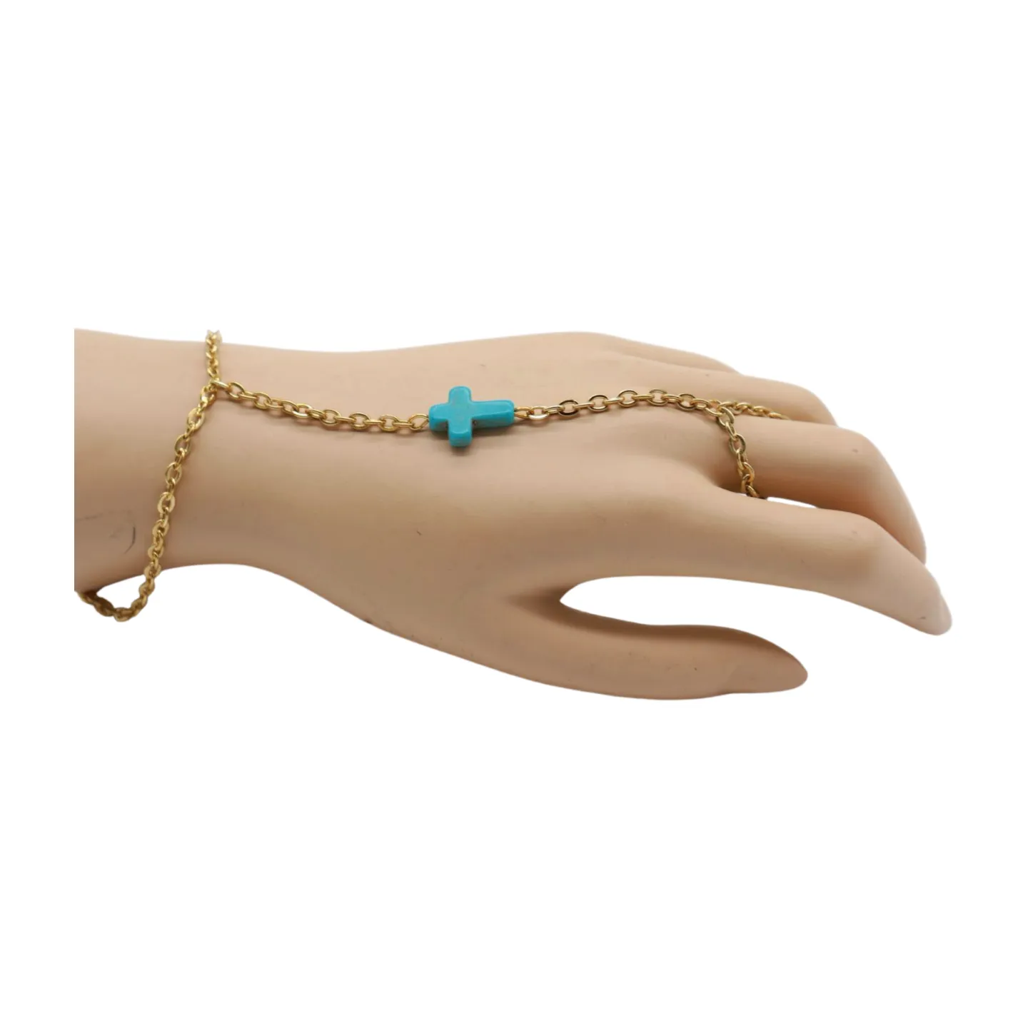 Gold Metal Hand Chain Bracelet Turquoise Blue Cross
