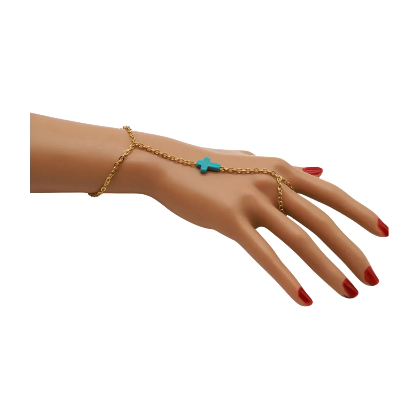Gold Metal Hand Chain Bracelet Turquoise Blue Cross
