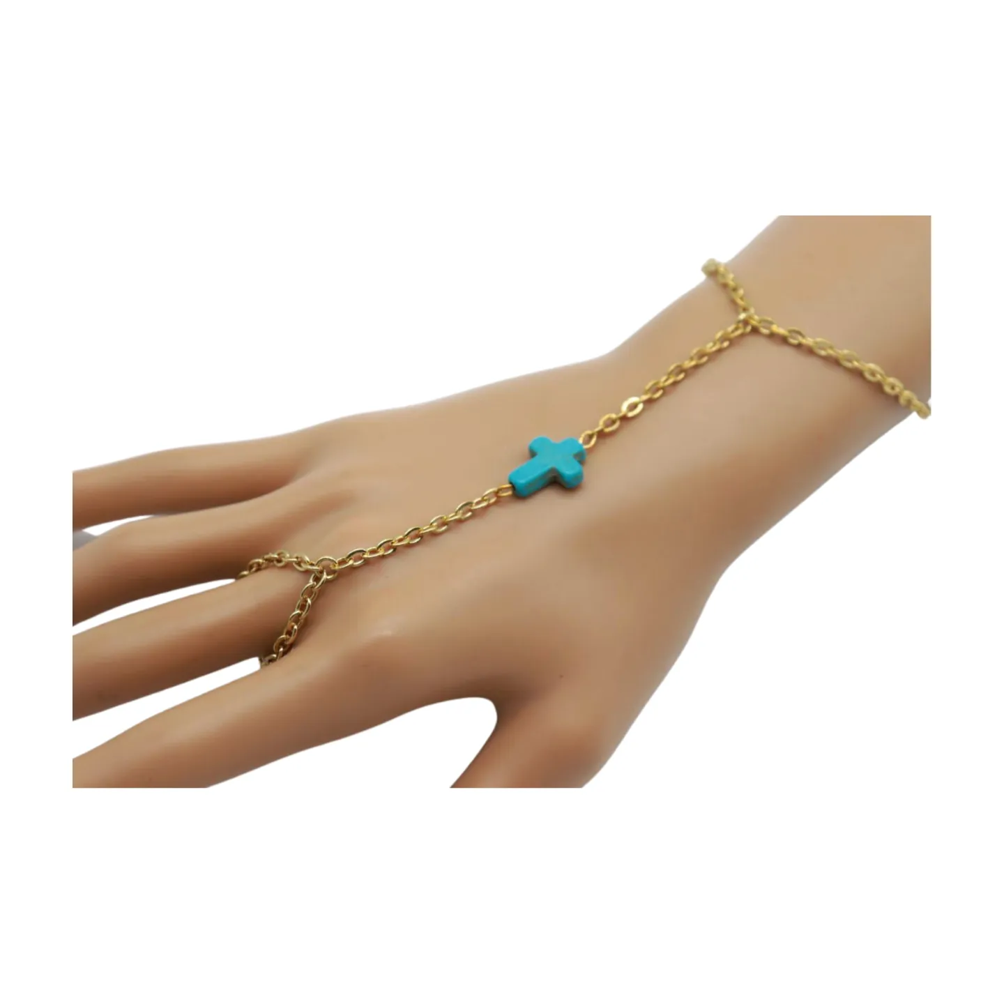 Gold Metal Hand Chain Bracelet Turquoise Blue Cross