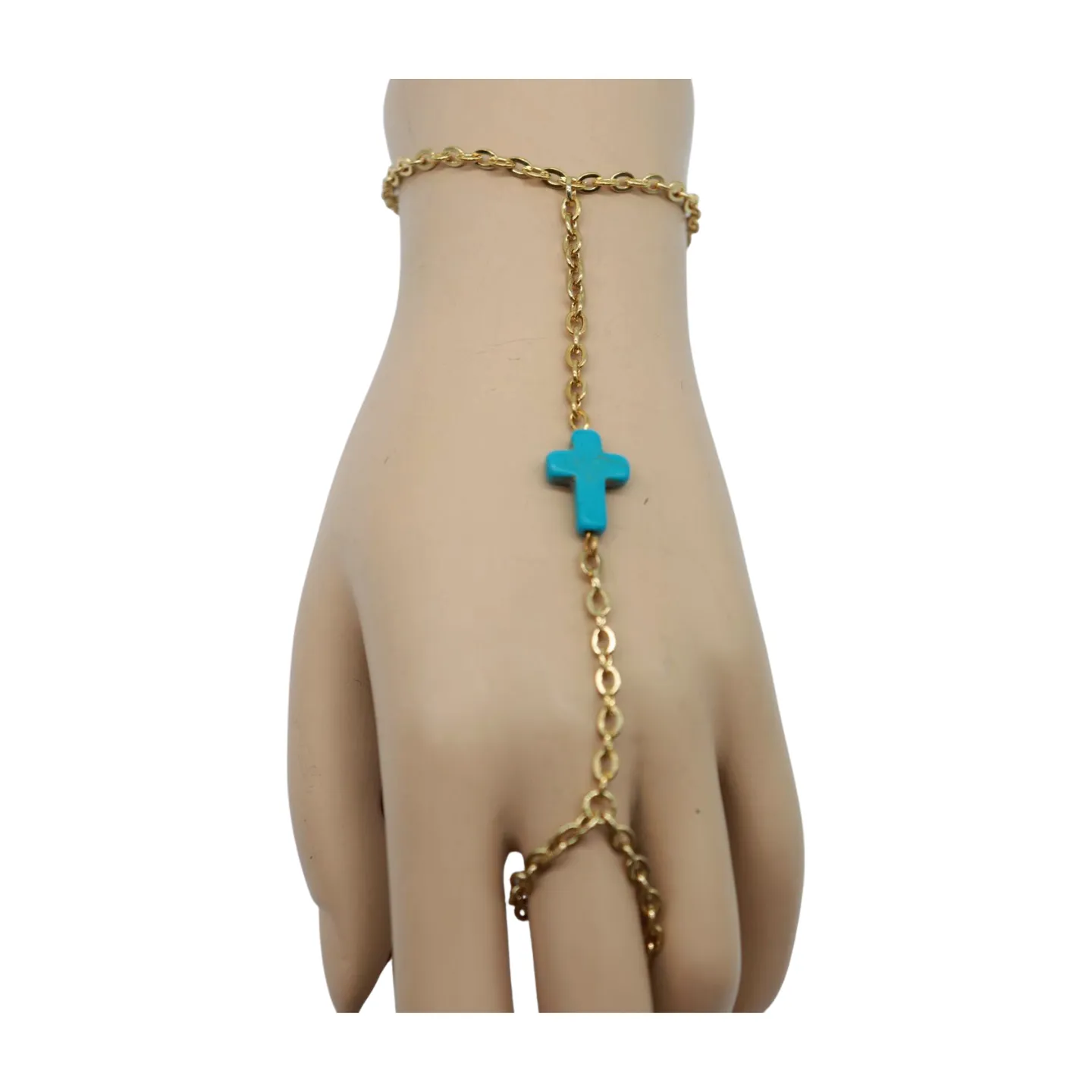 Gold Metal Hand Chain Bracelet Turquoise Blue Cross