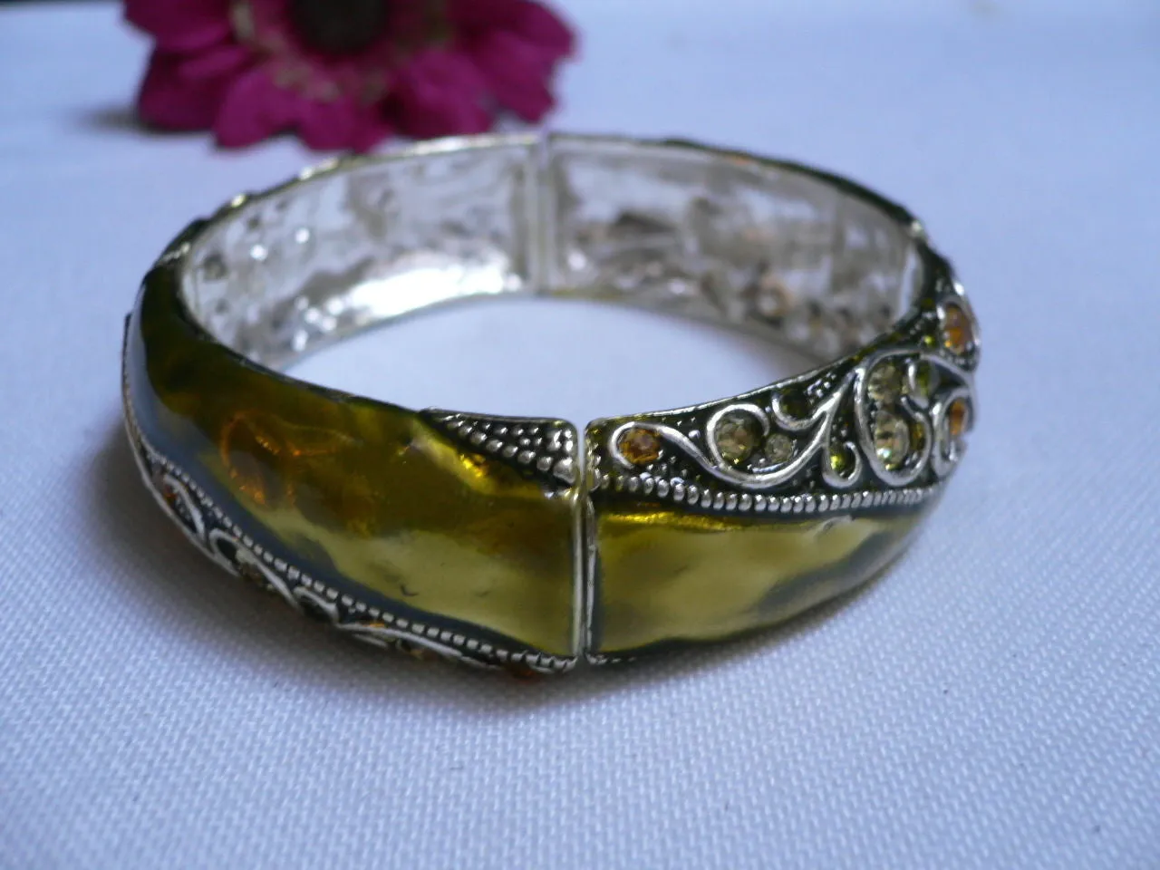 Green Antique Silver Metal Elastic Bracelet Old Olive Green Leave Rhinestone Trendy