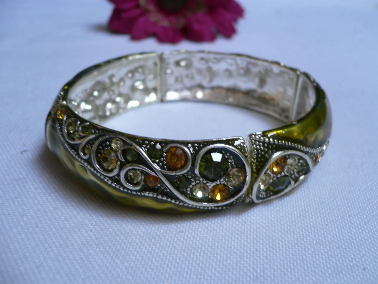 Green Antique Silver Metal Elastic Bracelet Old Olive Green Leave Rhinestone Trendy