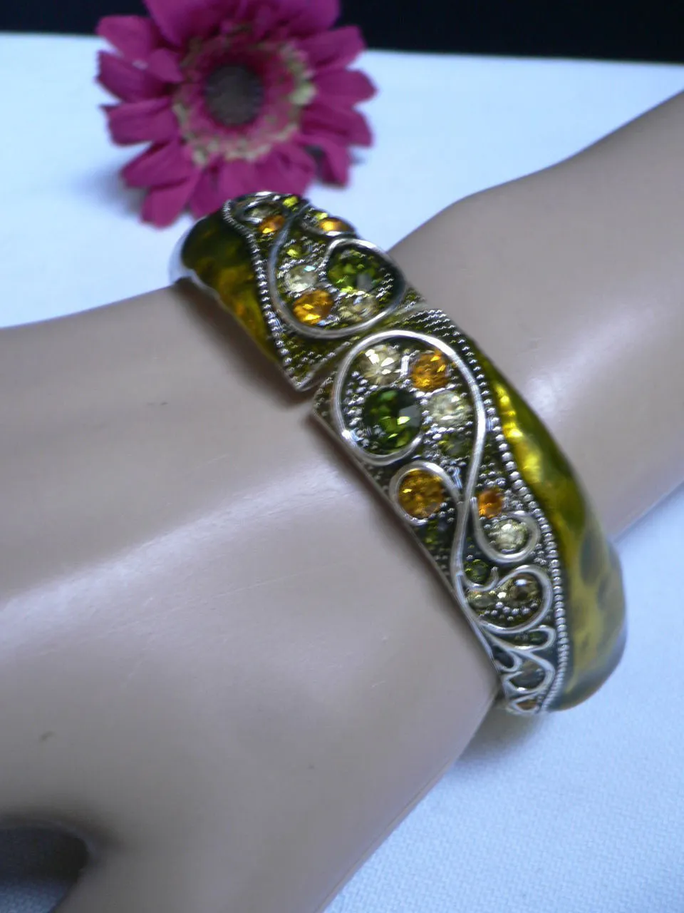 Green Antique Silver Metal Elastic Bracelet Old Olive Green Leave Rhinestone Trendy