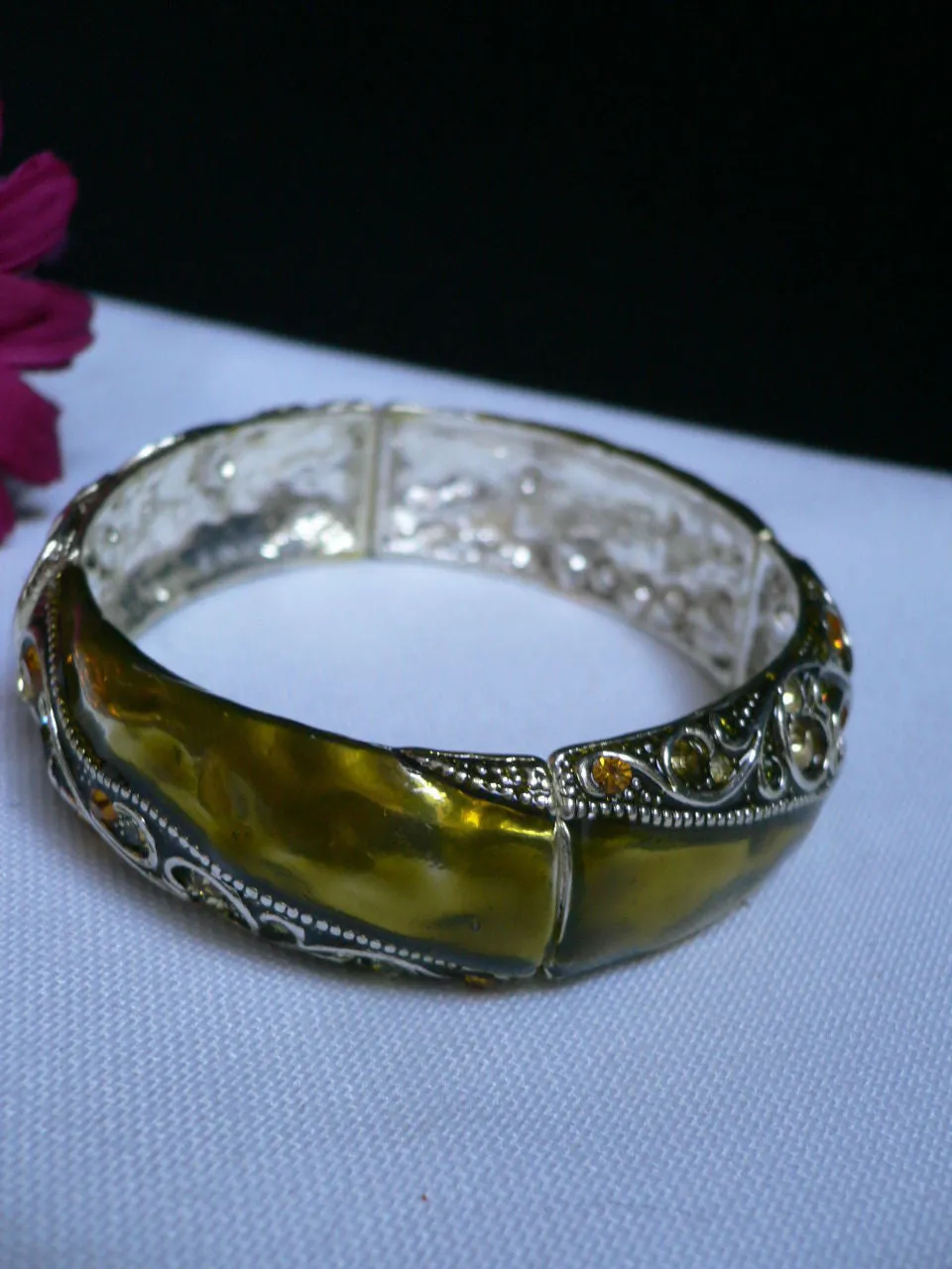 Green Antique Silver Metal Elastic Bracelet Old Olive Green Leave Rhinestone Trendy