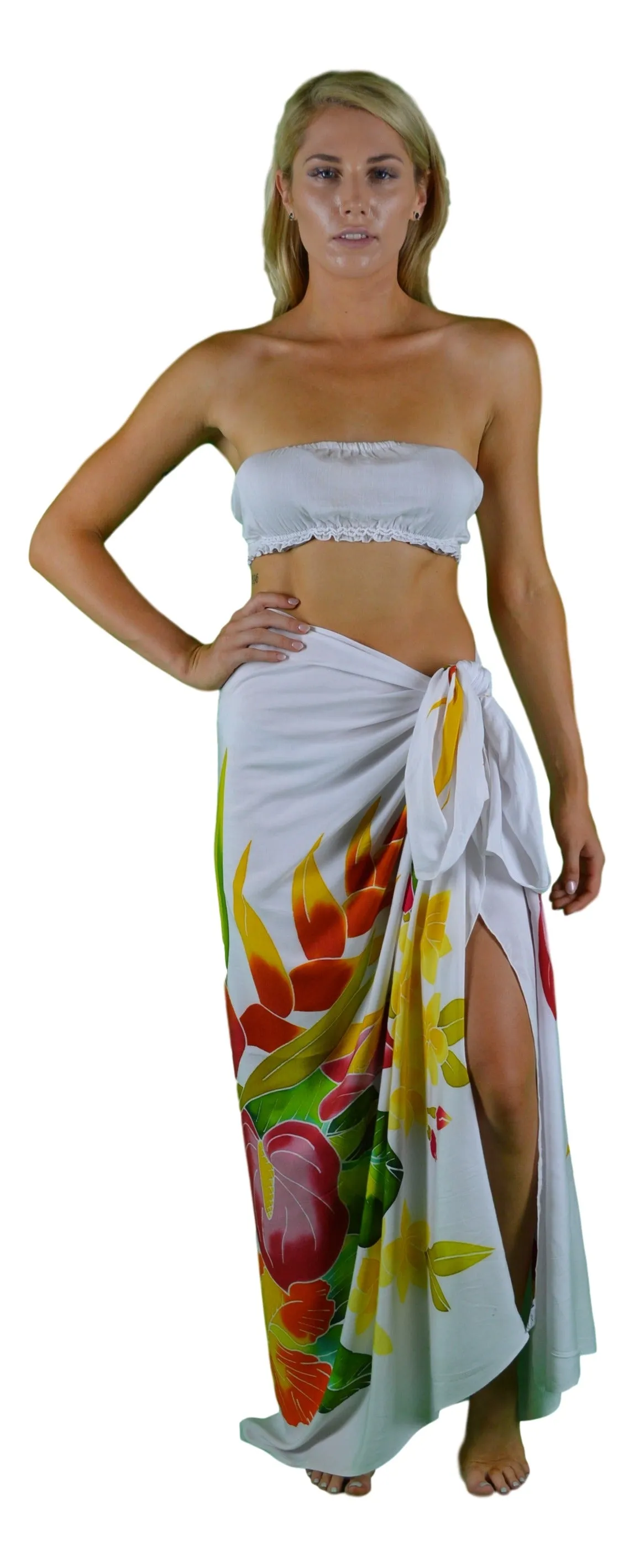Island Style - Hand-Painted Batik Sarong - Full-Size (48" x 72") - Tropical Bouquet - White