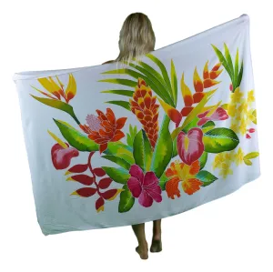 Island Style - Hand-Painted Batik Sarong - Full-Size (48" x 72") - Tropical Bouquet - White