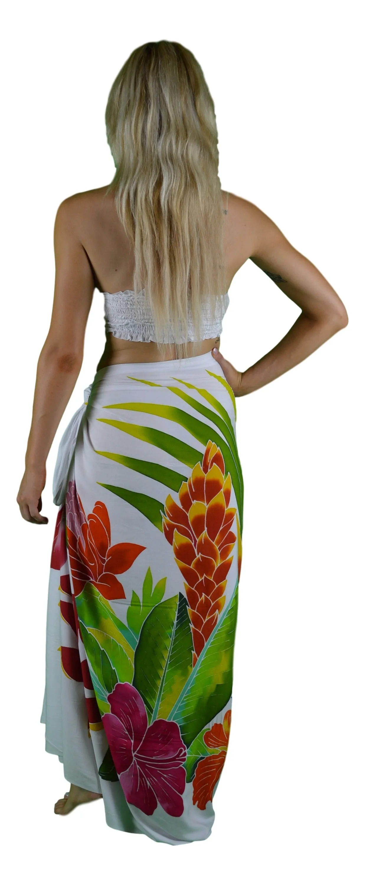 Island Style - Hand-Painted Batik Sarong - Full-Size (48" x 72") - Tropical Bouquet - White