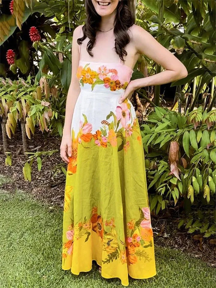 Ladies Spaghetti Strap Flower Print Pleated A-Line Dress