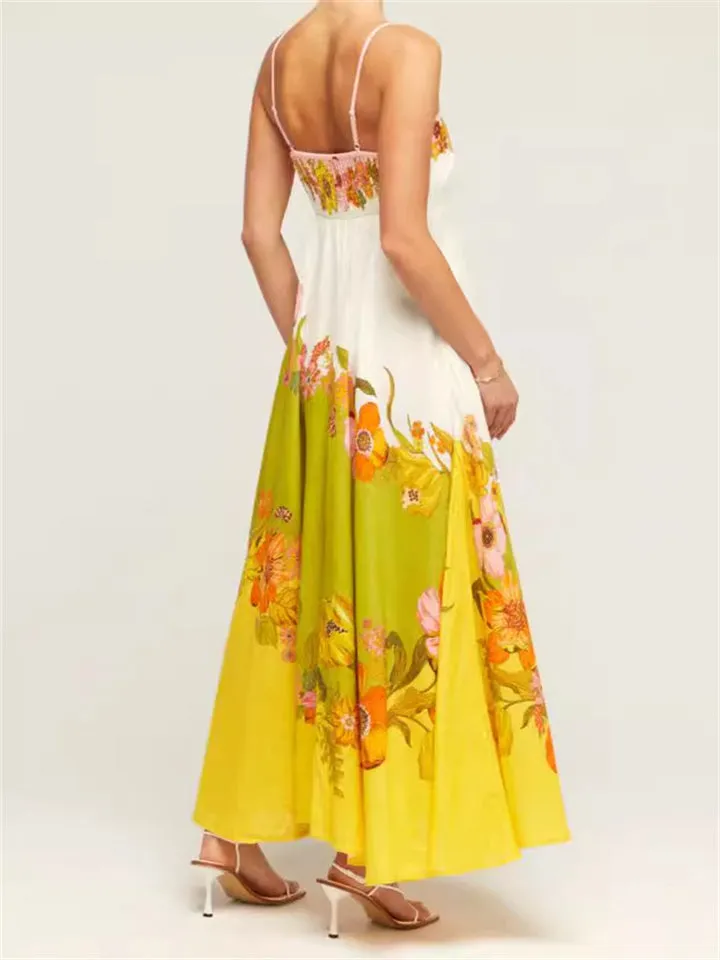 Ladies Spaghetti Strap Flower Print Pleated A-Line Dress