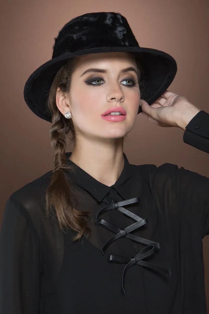 Lamb Fur and Velour Fedora Hat