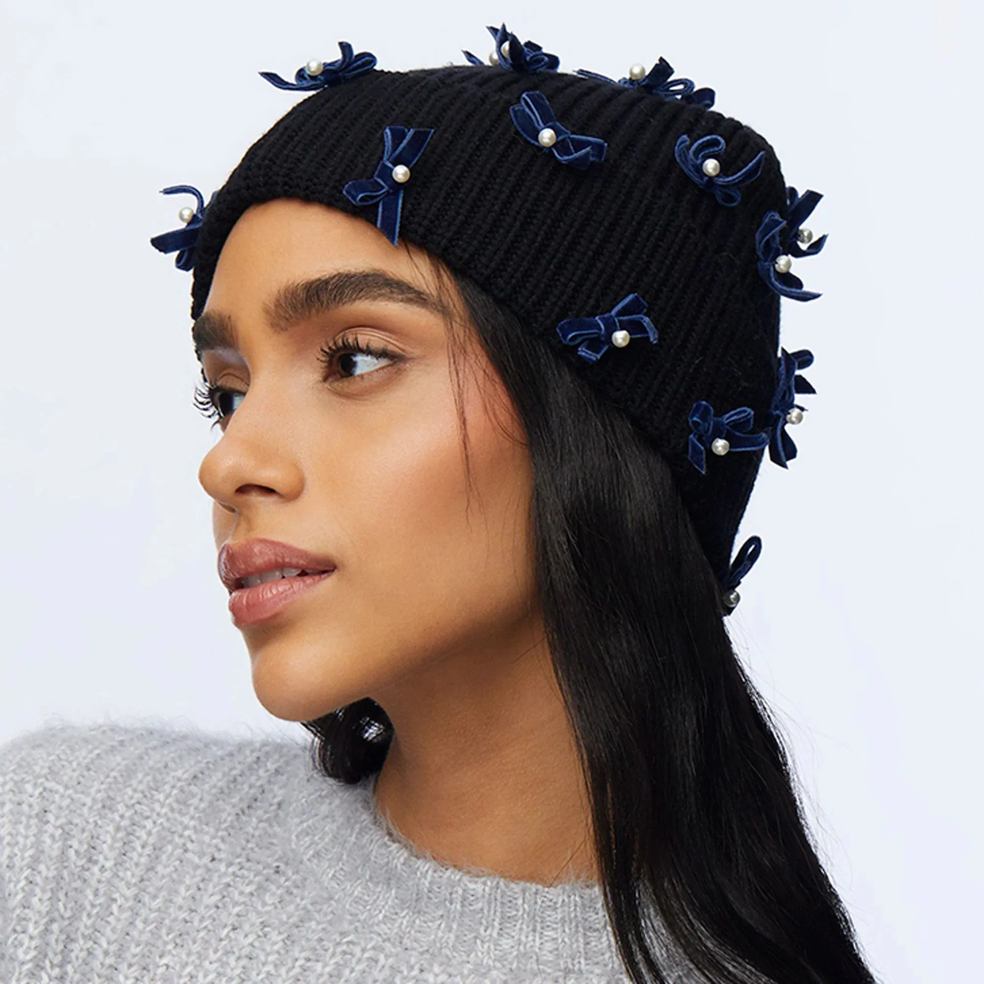 Lele Sadoughi Jet Bow Embellished Beanie