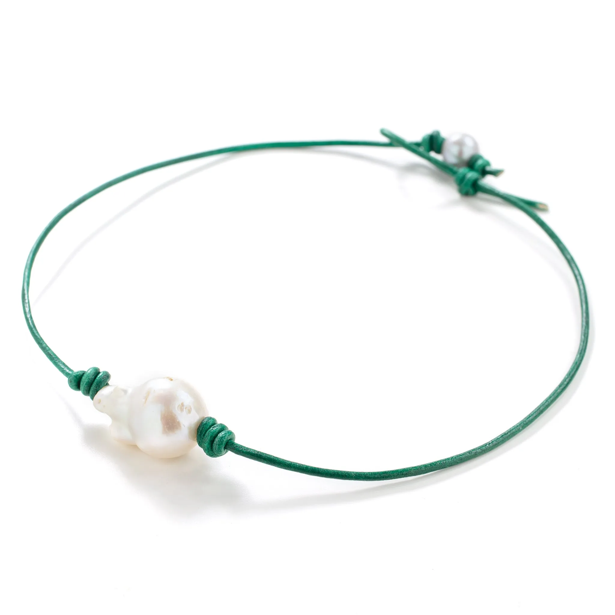Metallic Sea Green Baroque Pearl Leather Choker