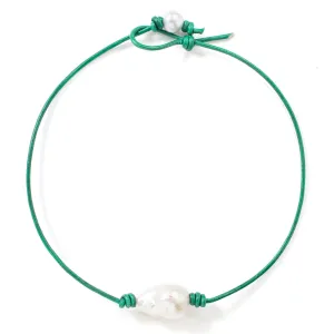 Metallic Sea Green Baroque Pearl Leather Choker