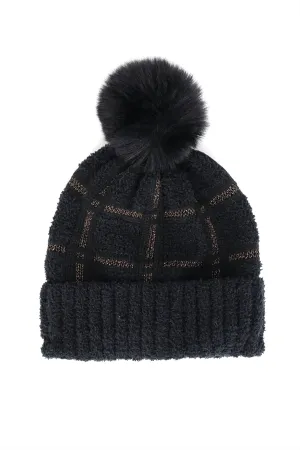 PLAID PATTERN POMPOM BEANIE