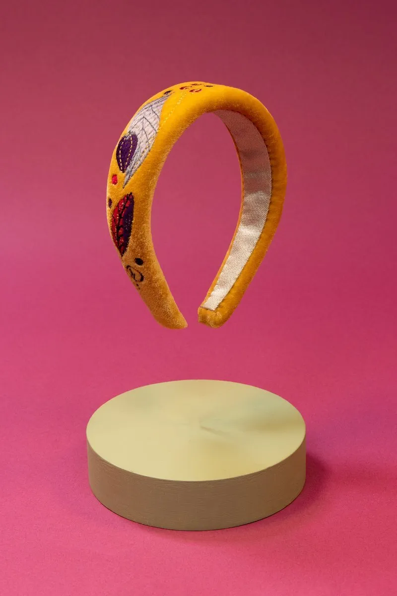 Powder Velvet Floral Padded Headband Mustard