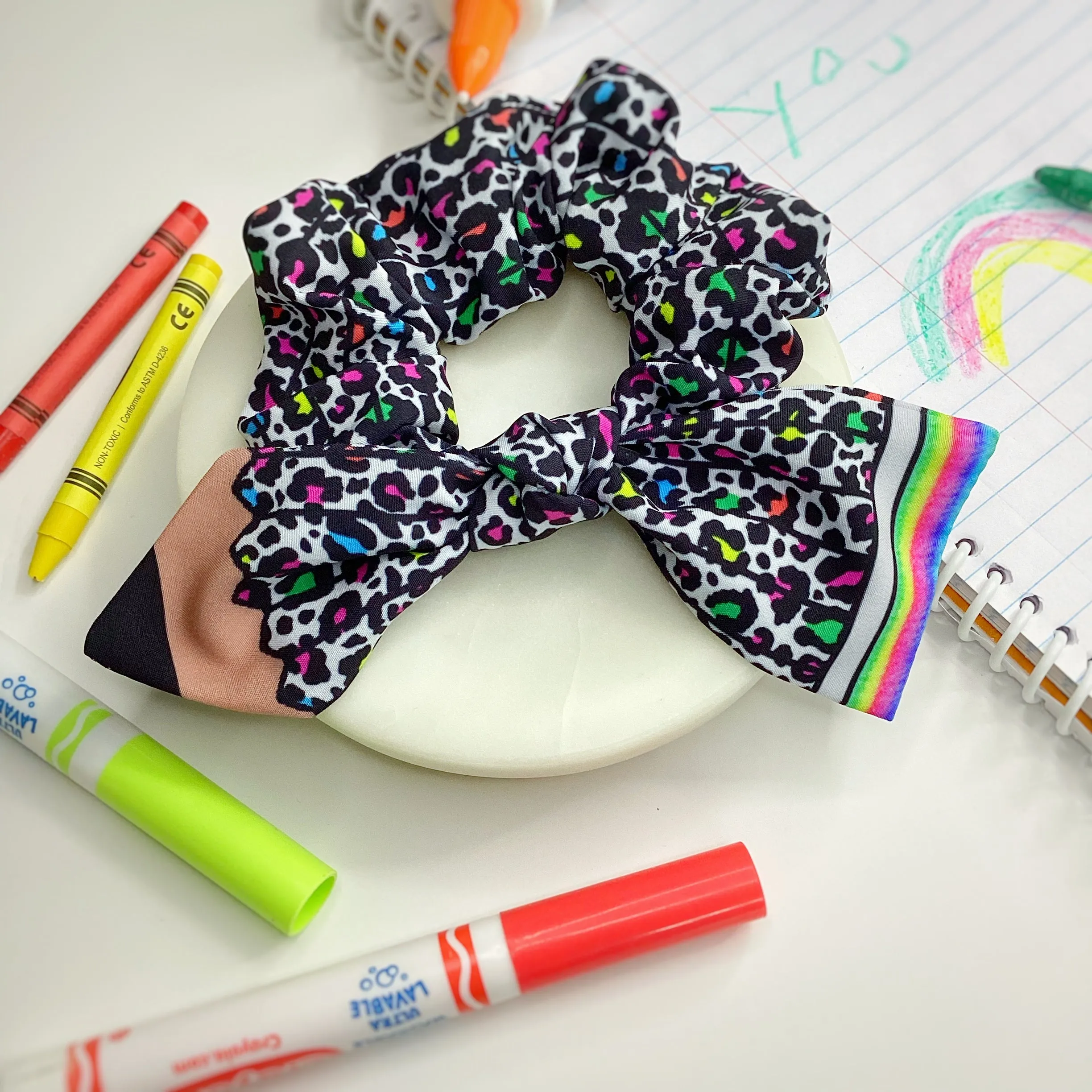 Rainbow Cheetah Pencil Bow Strip, Headband and Scrunchie Collection
