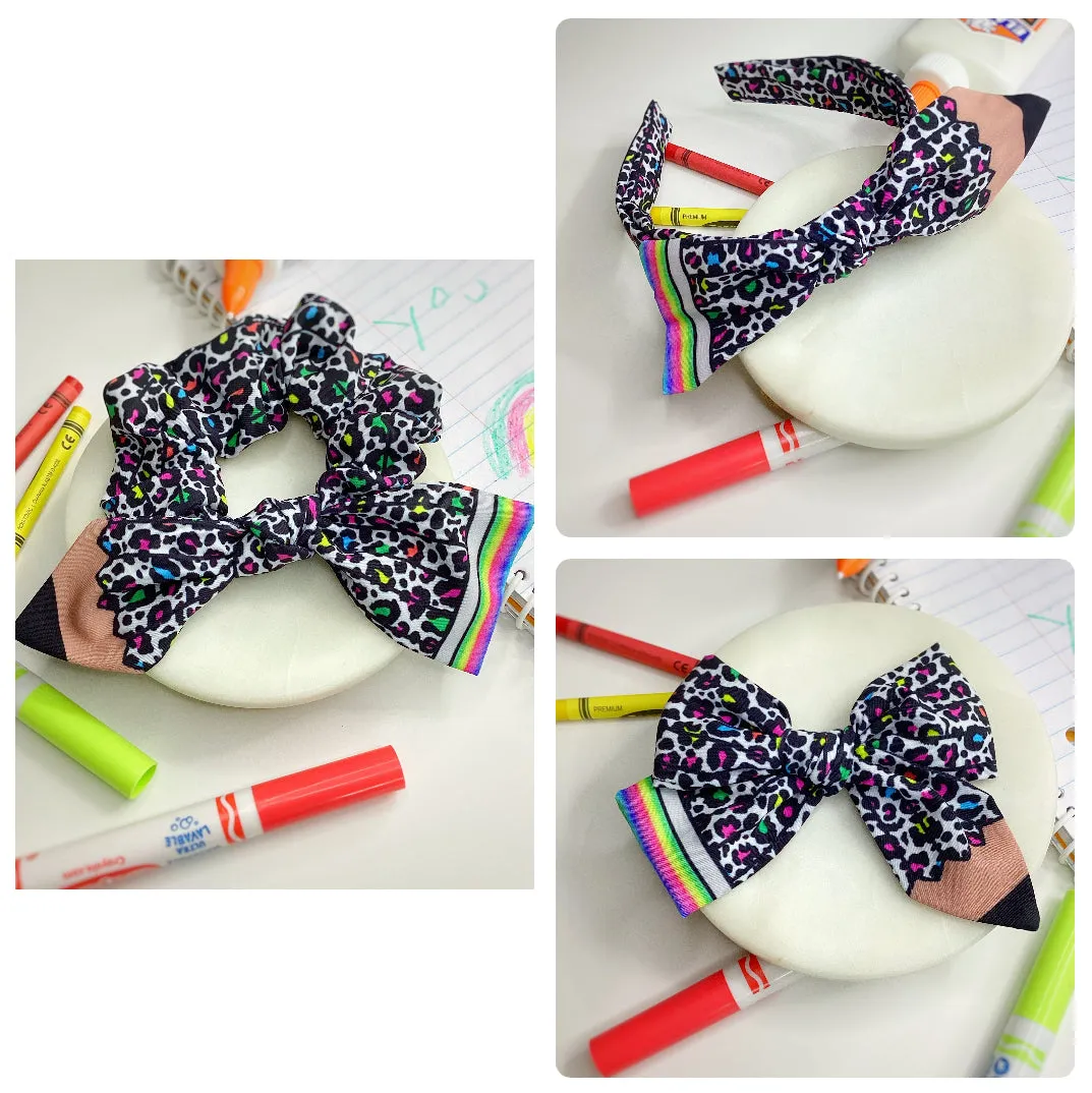 Rainbow Cheetah Pencil Bow Strip, Headband and Scrunchie Collection