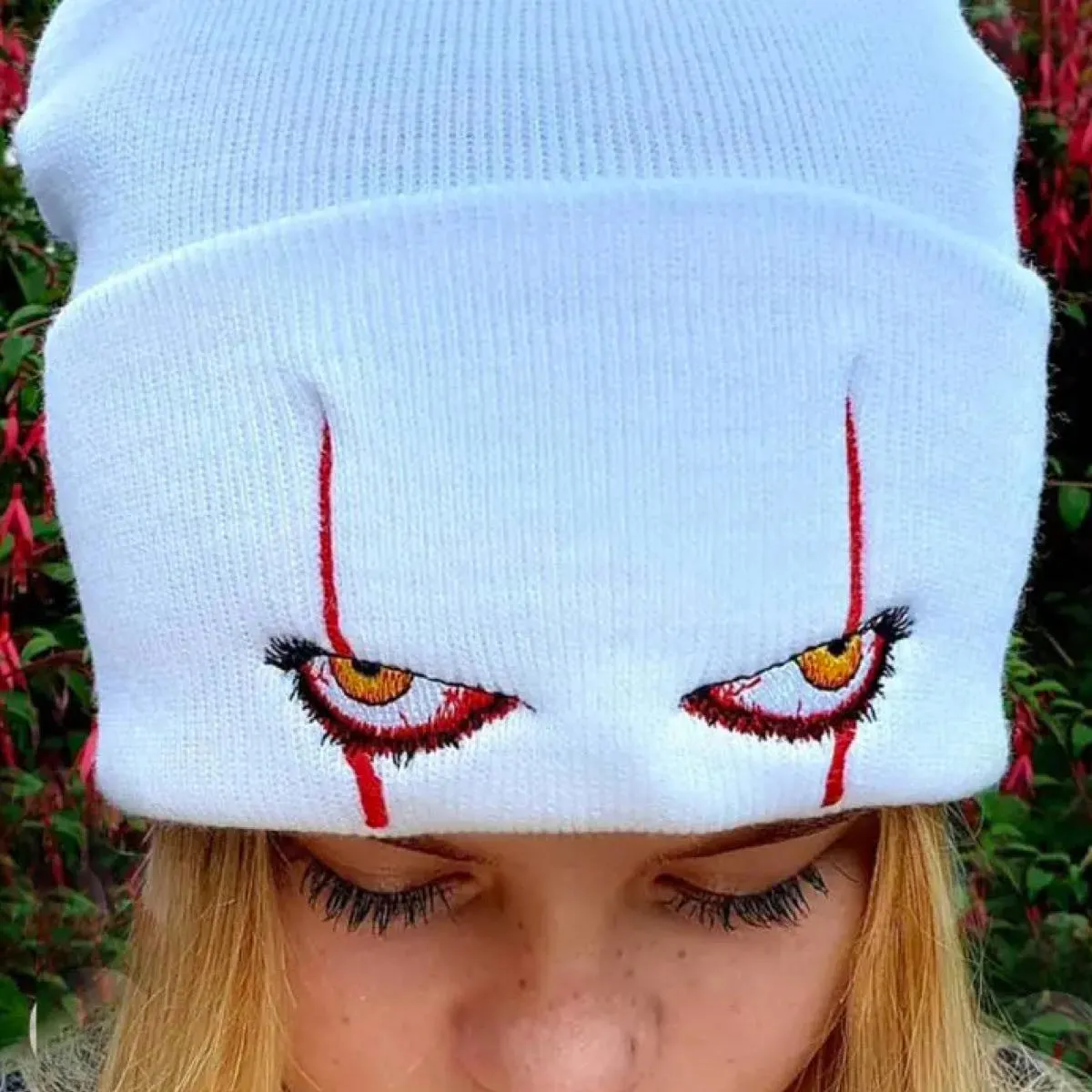Scary Eyes - Embroidered White Knitted Beanie (#beanie027)