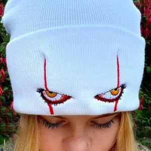 Scary Eyes - Embroidered White Knitted Beanie (#beanie027)
