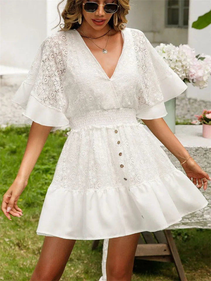 Sexy V Neck Wide Sleeve Waisted Mini Dress for Women