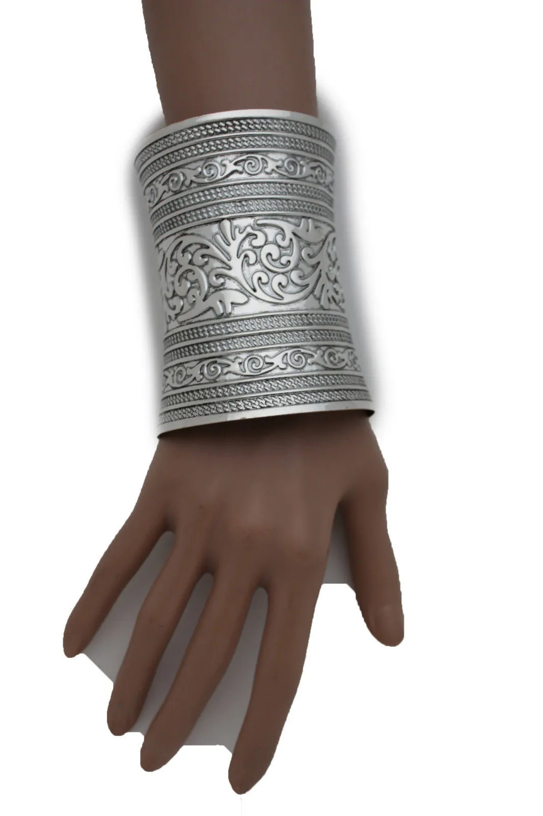 Shiny Silver Long Wide Metal Cuff Bracelet Wrist Moroccan Leaves Style