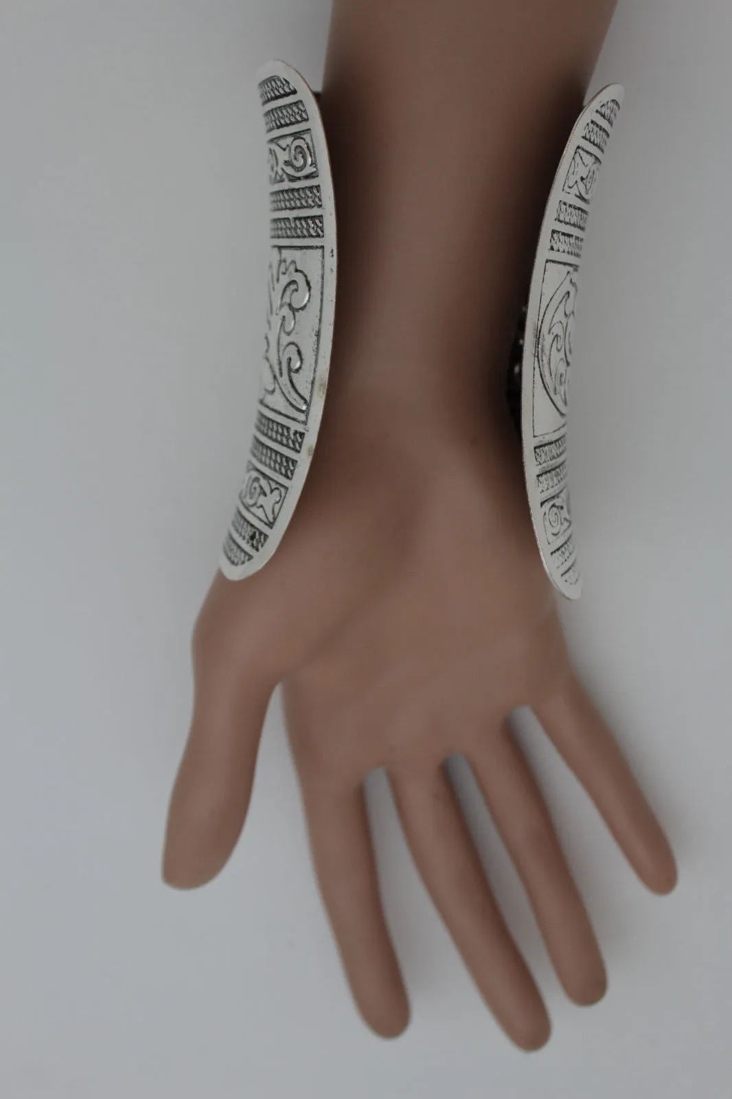 Shiny Silver Long Wide Metal Cuff Bracelet Wrist Moroccan Leaves Style