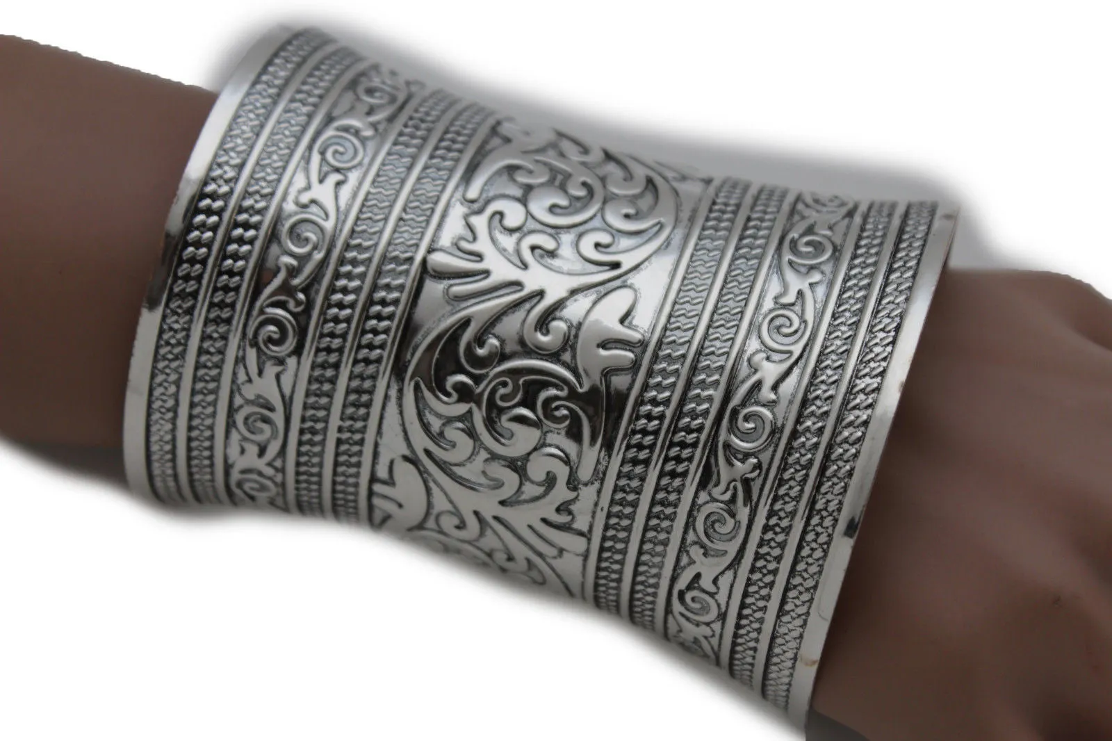 Shiny Silver Long Wide Metal Cuff Bracelet Wrist Moroccan Leaves Style