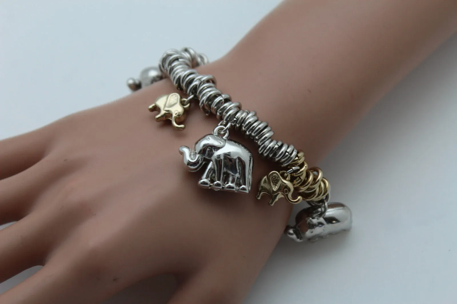 Silver Elastic Wrist Bracelet Multi Elephant Charm Gold Luck
