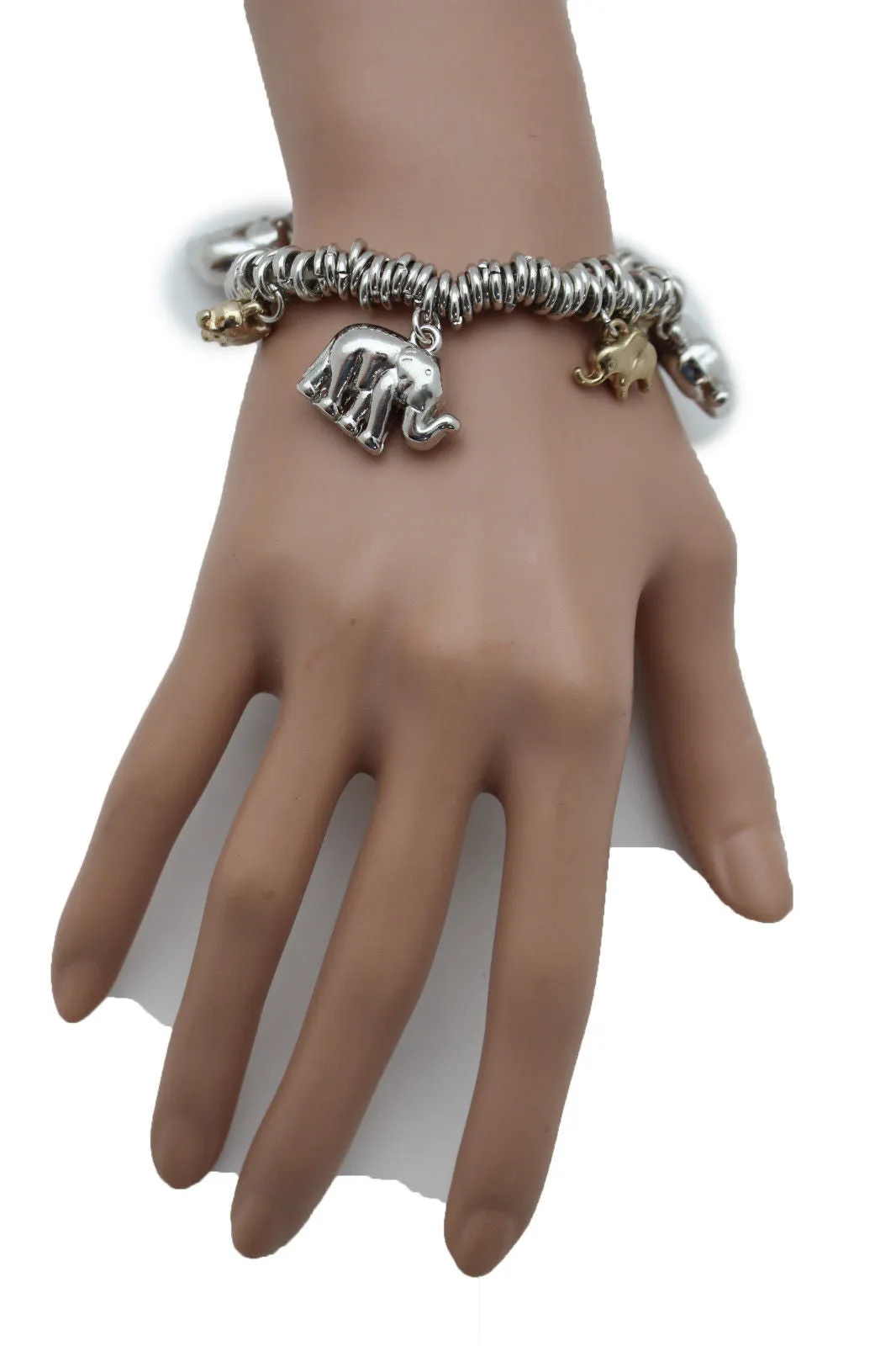 Silver Elastic Wrist Bracelet Multi Elephant Charm Gold Luck