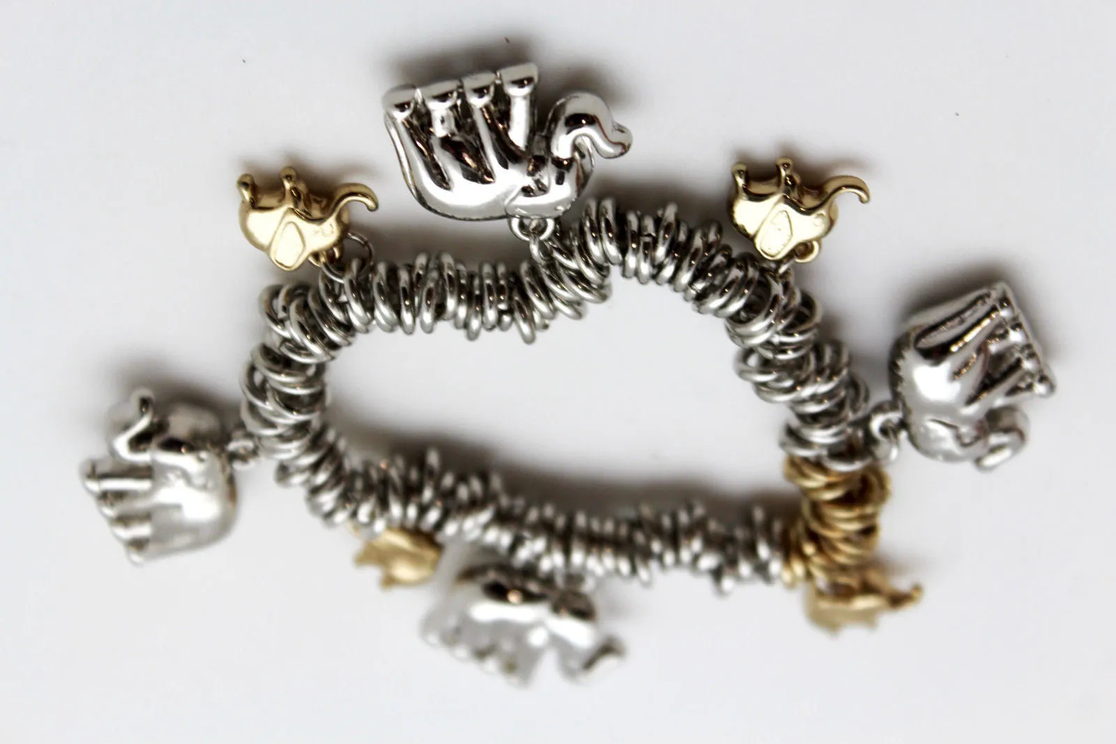 Silver Elastic Wrist Bracelet Multi Elephant Charm Gold Luck