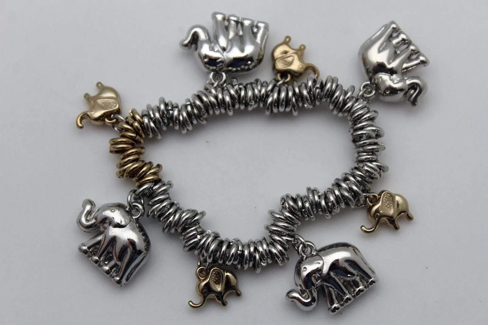 Silver Elastic Wrist Bracelet Multi Elephant Charm Gold Luck