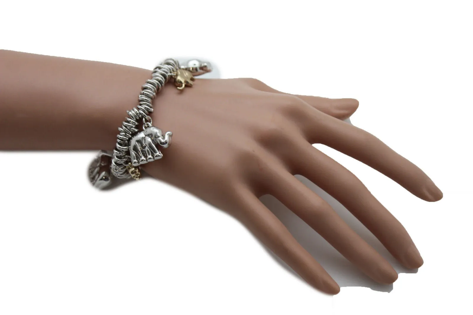 Silver Elastic Wrist Bracelet Multi Elephant Charm Gold Luck