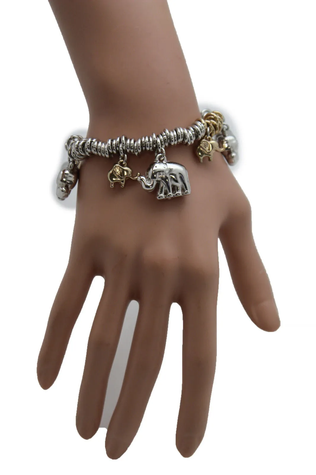 Silver Elastic Wrist Bracelet Multi Elephant Charm Gold Luck