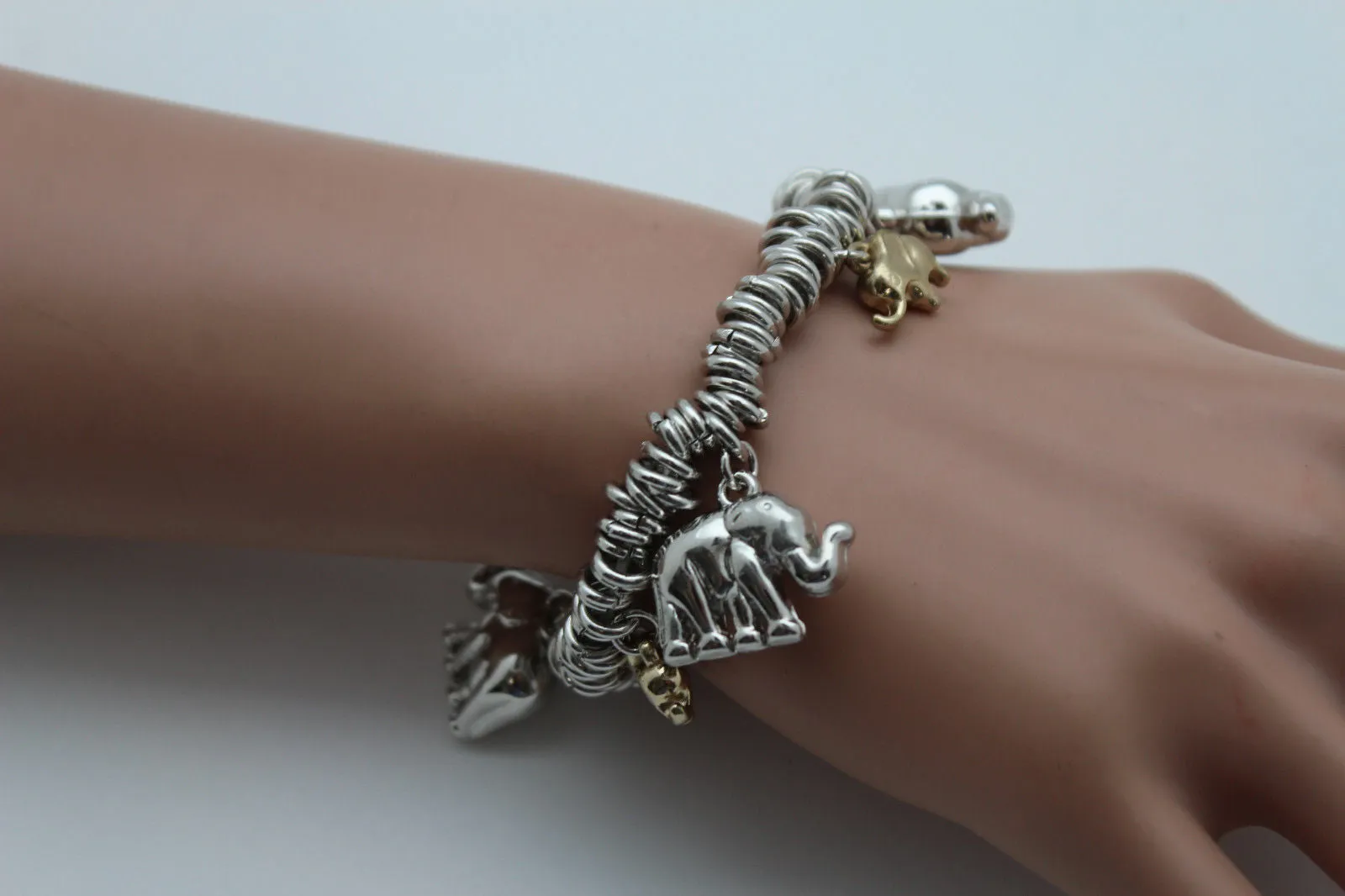 Silver Elastic Wrist Bracelet Multi Elephant Charm Gold Luck