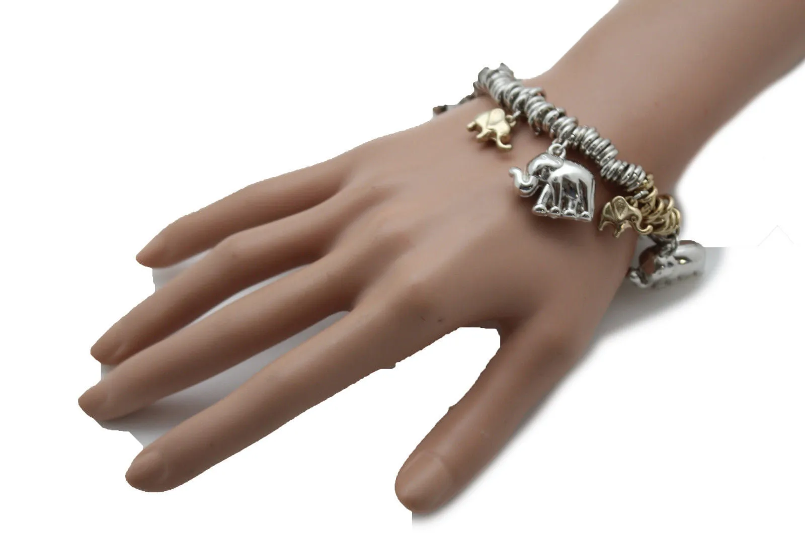 Silver Elastic Wrist Bracelet Multi Elephant Charm Gold Luck
