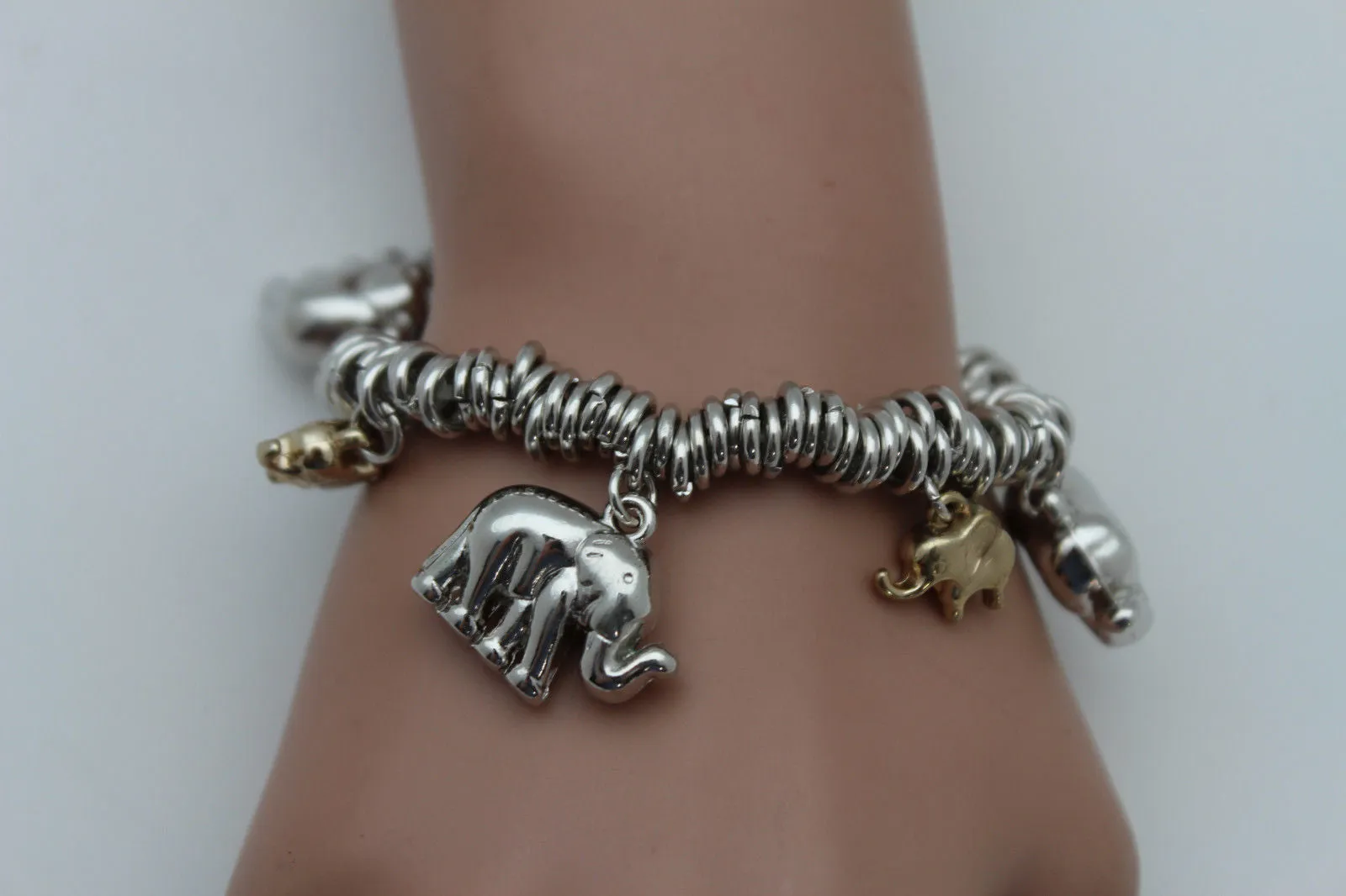 Silver Elastic Wrist Bracelet Multi Elephant Charm Gold Luck