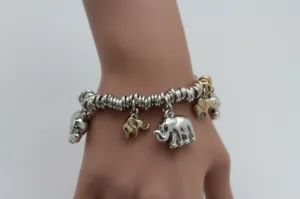 Silver Elastic Wrist Bracelet Multi Elephant Charm Gold Luck