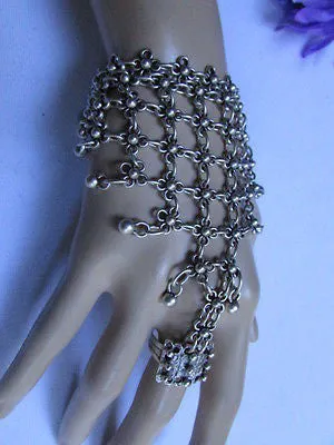 Silver Metal Hand Chain Bracelet Flower Turkish Cuff Ring Hand Made