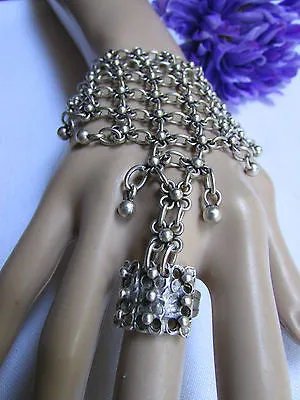 Silver Metal Hand Chain Bracelet Flower Turkish Cuff Ring Hand Made