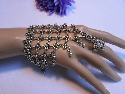 Silver Metal Hand Chain Bracelet Flower Turkish Cuff Ring Hand Made