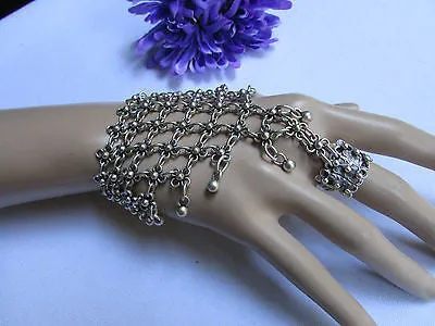 Silver Metal Hand Chain Bracelet Flower Turkish Cuff Ring Hand Made