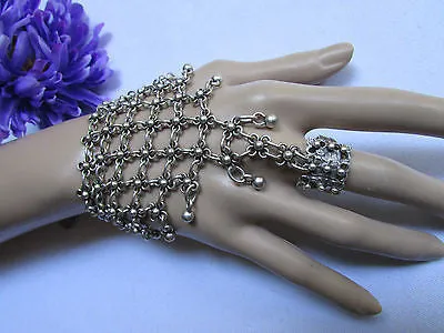 Silver Metal Hand Chain Bracelet Flower Turkish Cuff Ring Hand Made