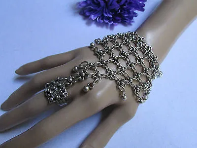 Silver Metal Hand Chain Bracelet Flower Turkish Cuff Ring Hand Made