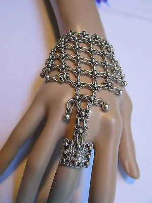 Silver Metal Hand Chain Bracelet Flower Turkish Cuff Ring Hand Made