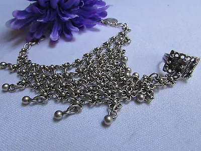 Silver Metal Hand Chain Bracelet Flower Turkish Cuff Ring Hand Made
