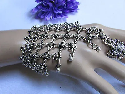 Silver Metal Hand Chain Bracelet Flower Turkish Cuff Ring Hand Made