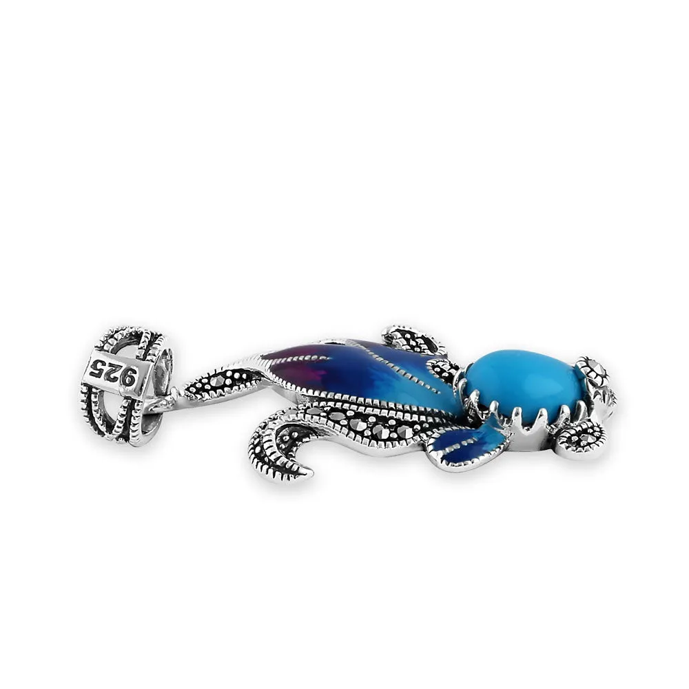 Sterling Silver Simulated Turquoise Fish Ghost Marcasite Pendant
